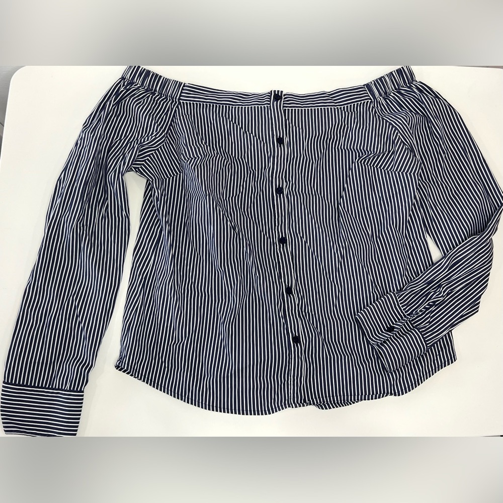 2/$25 ⭐ Women Blouse Express Blue White Stripes Off Shoulder Long Sleeve Button